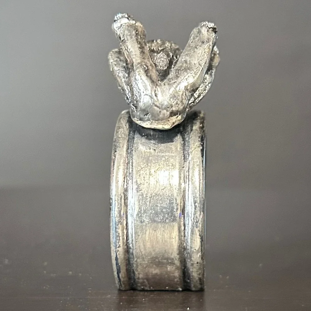 Hudson Walli Pewter Napkin Ring Brutalist Boy Playing Figurine Silver Tone USA